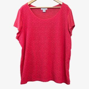 Liz Claiborne Woman Top Women's Size 2X Coral Red Lace Overlay Tee Short Sleeves